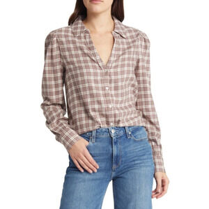 Paige Top Womens Large Burgundy Cream Plaid Josslyn Blouse Cotton Long Sleeve